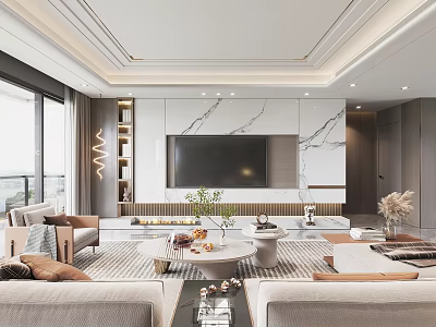 Modern Living Room Interior Design With Marble TV Wall Sofas Coffee Tables And Rug 3d model