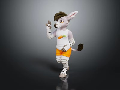 Anthropomorphic Rabbit Character Sculpture in Waving Running Pose With White Shirt Orange Shorts 3d model