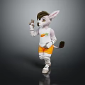 Anthropomorphic Rabbit Character Sculpture in Waving Running Pose With White Shirt Orange Shorts