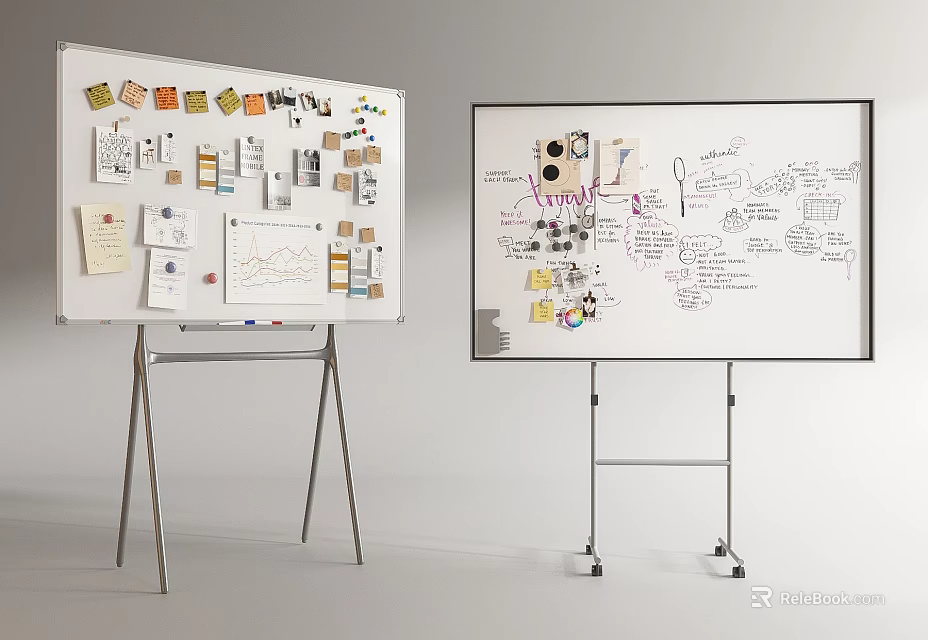 Creative Whiteboard with Hand Drawn Notes Charts Art Supplies and Musical Instruments Sketches 3d model 