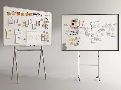 Creative Whiteboard with Hand Drawn Notes Charts Art Supplies and Musical Instruments Sketches 3d model