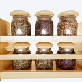 Clear Glass Spice Jars with Wooden Lids on Two Tiered Wooden Rack Storing Grains