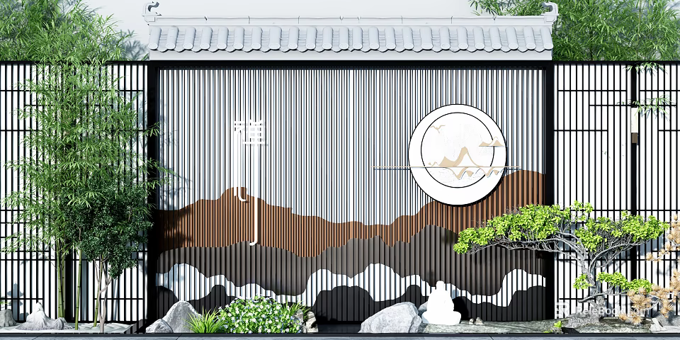 Zen Inspired Garden Decor Featuring Mountain Pattern Circular Design Stone and Bamboo Plants 3d model