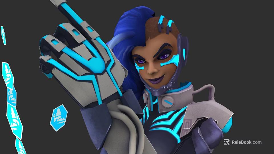 Detailed Game Movie Character With Blue Hair Purple Eyes And Futuristic Armor 3d model 