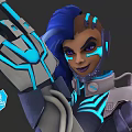Detailed Game Movie Character With Blue Hair Purple Eyes And Futuristic Armor