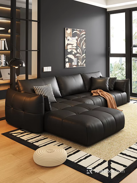 Modern Black Leather Sofa Coffee Table Set With Ottoman And Decorative Cushions 3d model