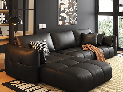 Modern Black Leather Sofa Coffee Table Set With Ottoman And Decorative Cushions 3d model