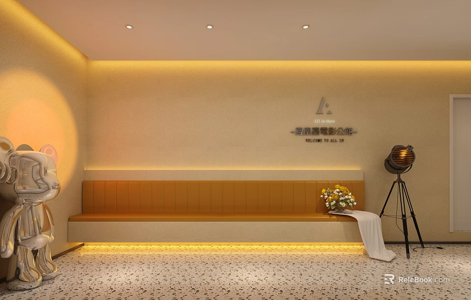 Modern Elevator Hallway With Beige Wall Recessed Lighting Long Bench Flower Bouquet And Floor Lamp 3d model 