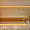 Modern Elevator Hallway With Beige Wall Recessed Lighting Long Bench Flower Bouquet And Floor Lamp