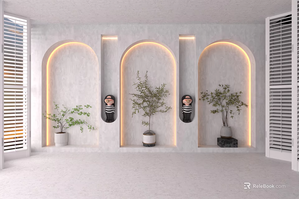Stylish Bonsai Potted Plants In Indoor Arched Wall Design With Decorative Lighting 3d model 