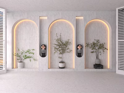 Stylish Bonsai Potted Plants In Indoor Arched Wall Design With Decorative Lighting 3d model