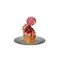 Delicious Cupcake With Chocolate Drizzle And Pink White Swirled Lollipop On White Plate