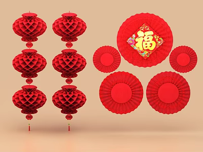 Red Chinese New Year Decorations With Lanterns Fu Character And Round Ornaments 3d model