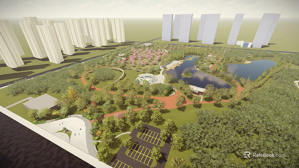 Urban Park Landscape with Lake Pink Flowers Walking Paths and Trees Near Tall Buildings 3d model 
