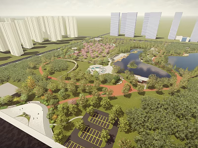 Urban Park Landscape with Lake Pink Flowers Walking Paths and Trees Near Tall Buildings 3d model