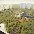 Urban Park Landscape with Lake Pink Flowers Walking Paths and Trees Near Tall Buildings