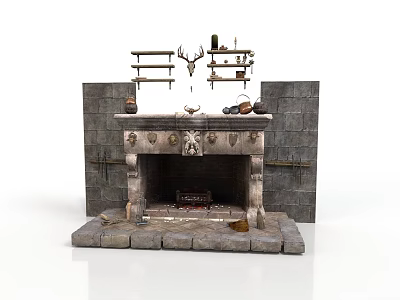 Rustic Stone Fireplace Structure With Carved Details Shelves Holding Pans Deer Head Decor 3d model