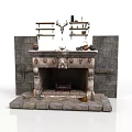 Rustic Stone Fireplace Structure With Carved Details Shelves Holding Pans Deer Head Decor