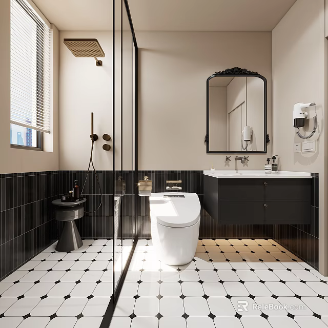 Modern Bathroom Interior With White Toilet Black Tiled Walls Vanity Mirror And Shower Area 3d model 