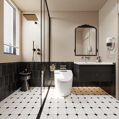 Modern Bathroom Interior With White Toilet Black Tiled Walls Vanity Mirror And Shower Area 3d model