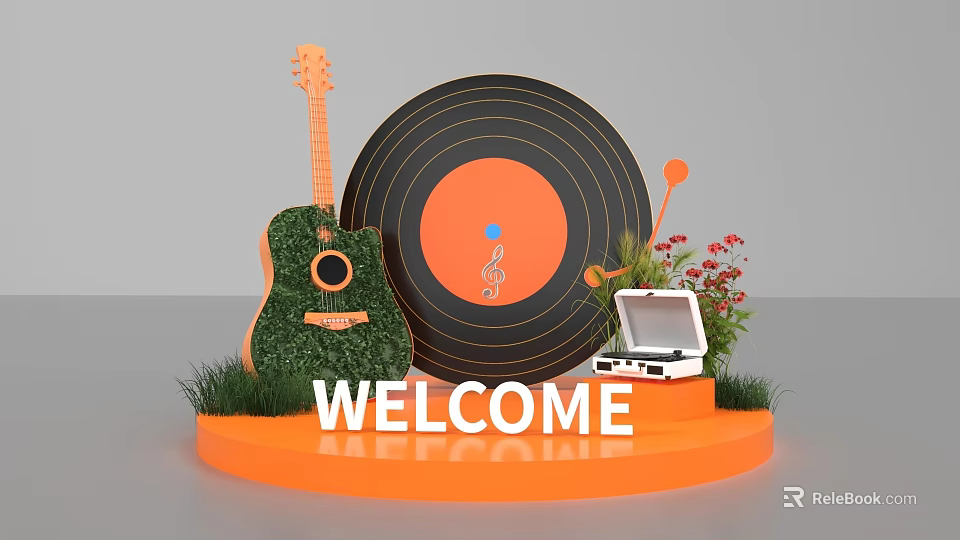 Music Themed Photo Spot With Grass Guitar Vinyl Record Flowers Welcome Sign And Orange Base 3d model 
