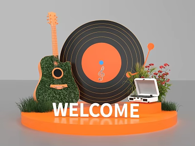 Music Themed Photo Spot With Grass Guitar Vinyl Record Flowers Welcome Sign And Orange Base 3d model