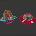 Red UFO Models With Silver Stripes Blue Glowing Base And Floating Design 3d model