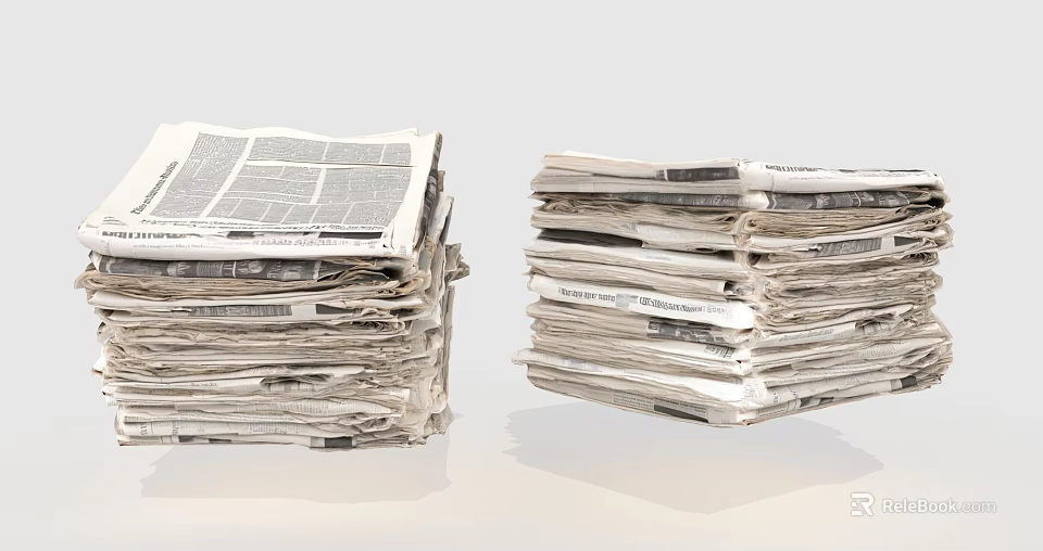 Neatly Stacked Old Newspapers in Two Piles on White Surface Background 3d model 