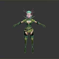 Antlered Woman in Forest Themed Green and Brown Ornate Outfit with Leaf Accents