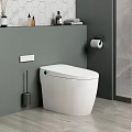 Modern White Smart Toilet In Bathroom With Gray Wall Wooden Floor And Toilet Accessories