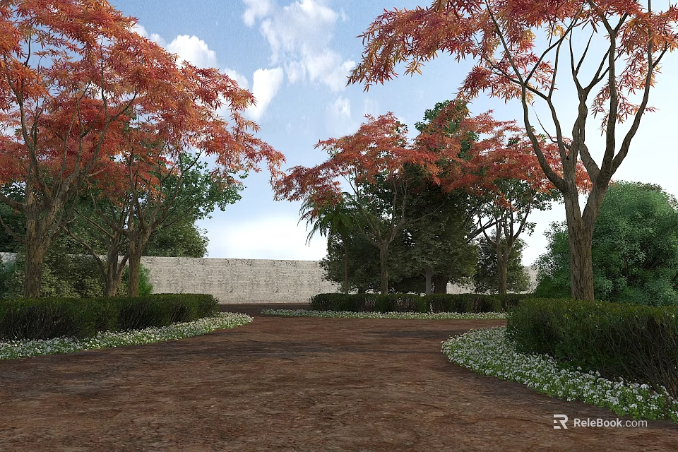 Red Leaved Trees Lining Dirt Path With Green Shrubs Stone Wall And Blue Sky 3d model