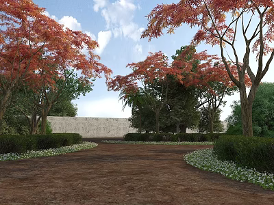Red Leaved Trees Lining Dirt Path With Green Shrubs Stone Wall And Blue Sky 3d model
