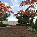 Red Leaved Trees Lining Dirt Path With Green Shrubs Stone Wall And Blue Sky 3d model