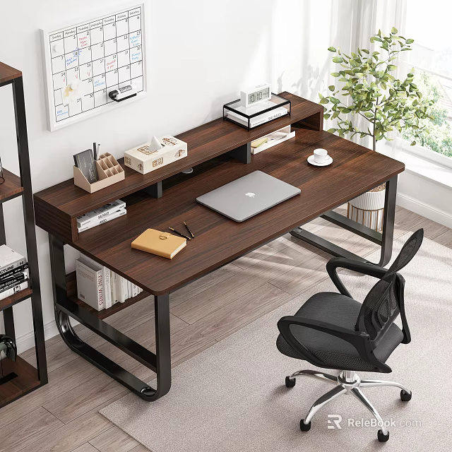 Modern Wooden Desk With Laptop Notebook Books Stationery Organizer And Black Office Chair By Window 3d model 