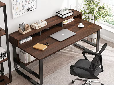 Modern Wooden Desk With Laptop Notebook Books Stationery Organizer And Black Office Chair By Window 3d model