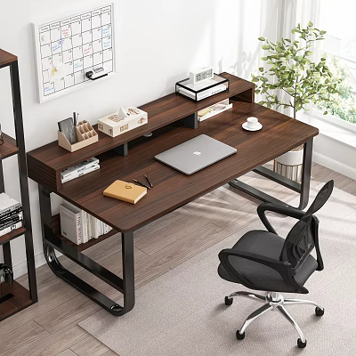 Modern Wooden Desk With Laptop Notebook Books Stationery Organizer And Black Office Chair By Window 3d model