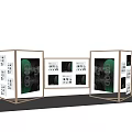Modern Exhibition Display Shelves With Glass Panels Wooden Frames And Green Display Boards