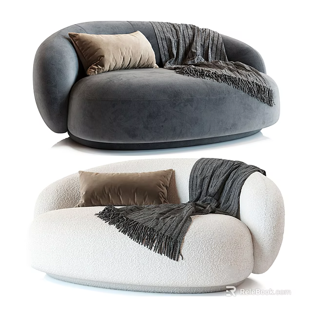 Gray and White Velvet Sectional Sofa with Rounded Design Pillow and Blanket 3d model 
