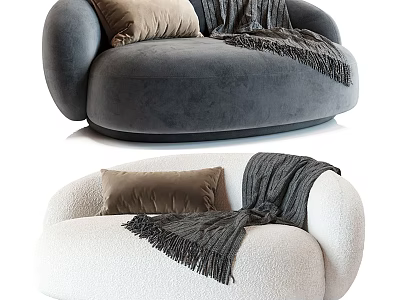 Gray and White Velvet Sectional Sofa with Rounded Design Pillow and Blanket 3d model
