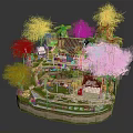Cartoon Scene With Chinese Style House Pink Cherry Blossom Palm Trees And Red Lanterns
