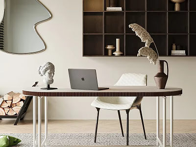Modern Home Office Interior With Wooden Desk Laptop White Chair Decorative Shelves And Mirror 3d model