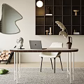 Modern Home Office Interior With Wooden Desk Laptop White Chair Decorative Shelves And Mirror