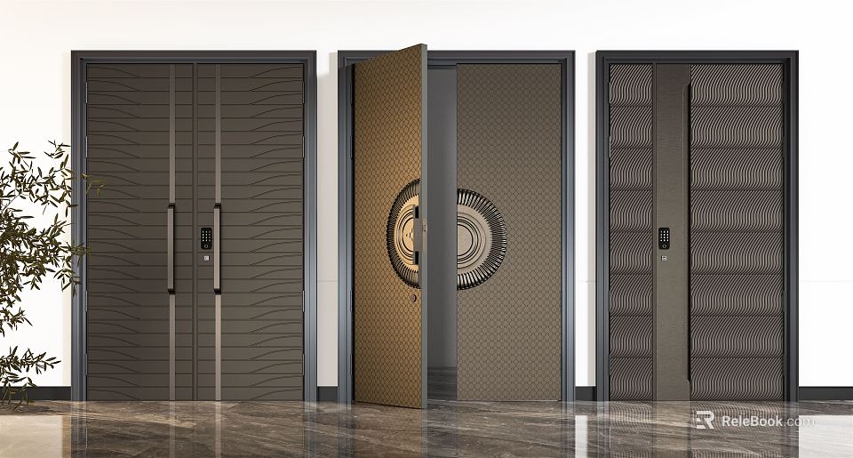 Modern Double Doors with Textured Surfaces Metal Accents and Circular Decorative Panels 3d model 