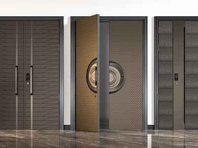 Modern Double Doors with Textured Surfaces Metal Accents and Circular Decorative Panels 3d model