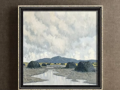 Tranquil Landscape Painting With Cloudy Sky Mountain Range Calm River And Green Grassland 3d model