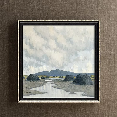 Tranquil Landscape Painting With Cloudy Sky Mountain Range Calm River And Green Grassland 3d model