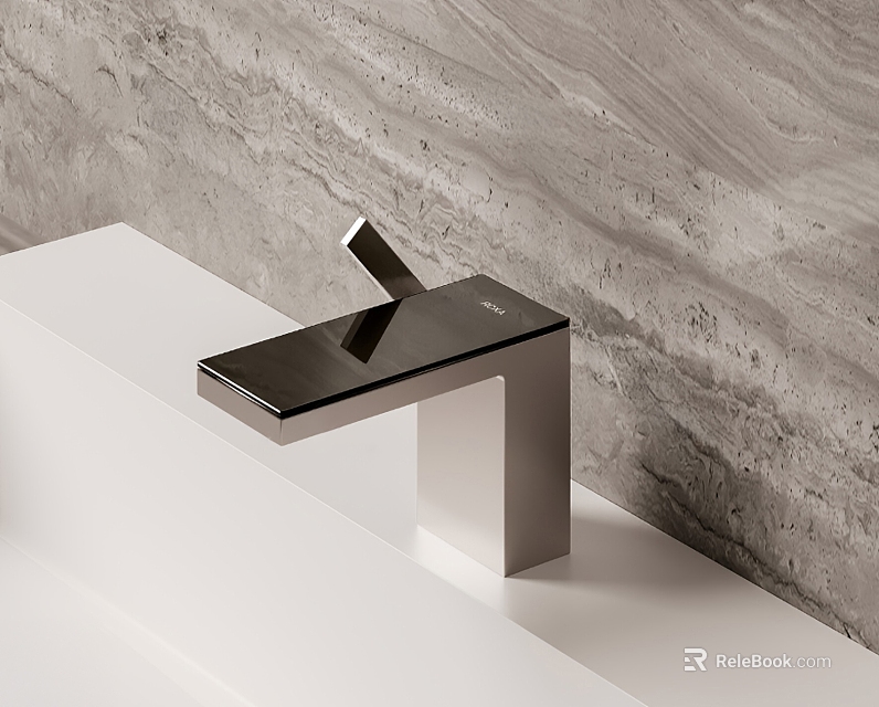 Sleek Modern Square Faucet On White Bathroom Countertop With Gray Textured Wall 3d model 