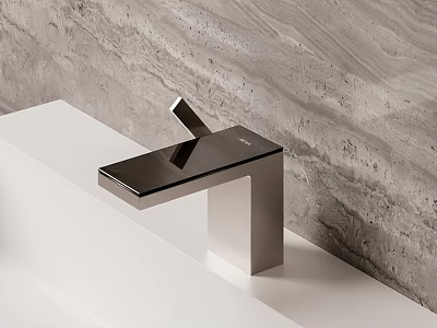 Sleek Modern Square Faucet On White Bathroom Countertop With Gray Textured Wall 3d model