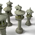 Traditional Garden Landscape With Various Stone Lanterns For Outdoor Decoration