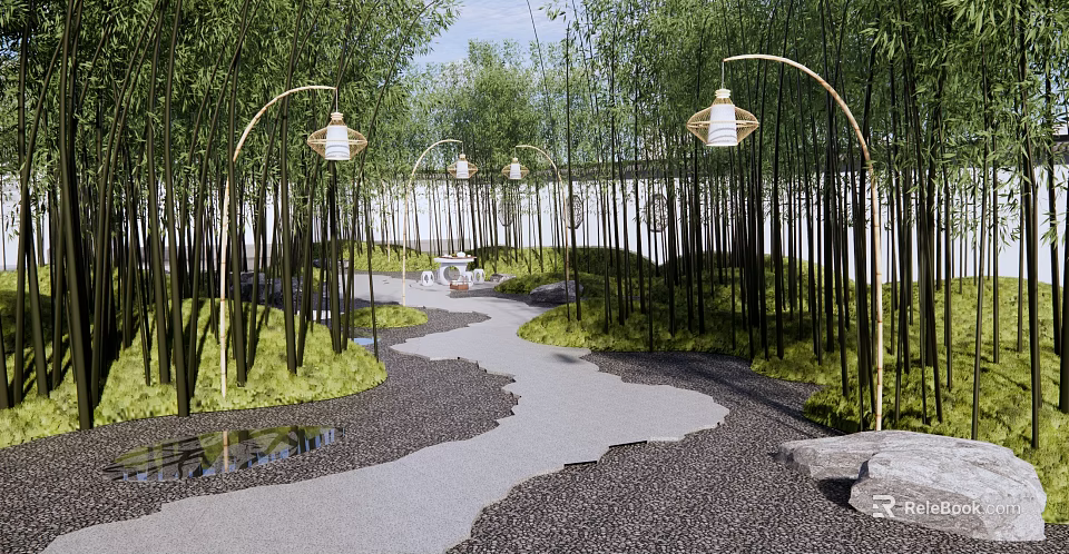 Serene Residential Landscape With Winding Path Bamboo Grove And Lantern Style Lamps 3d model 